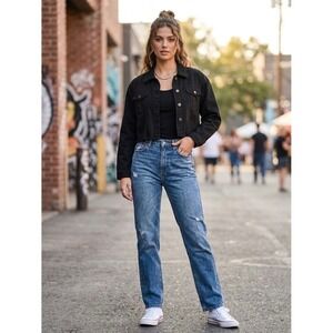 Sassafras Black Cropped Denim Jacket Raw Hem Button Up Small